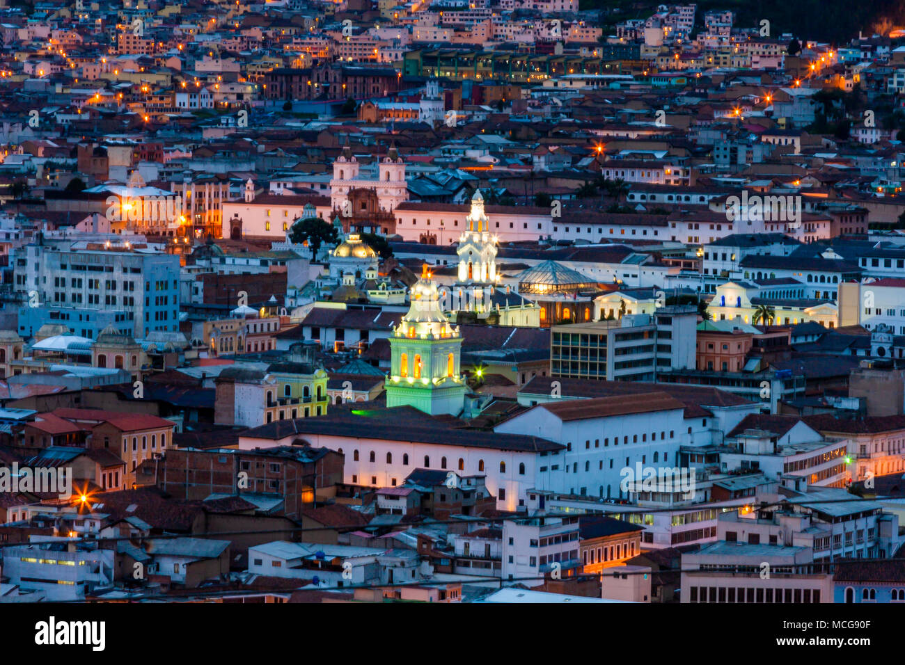 Quito Ecuador at night, view of colonial city or old city Stock Photo