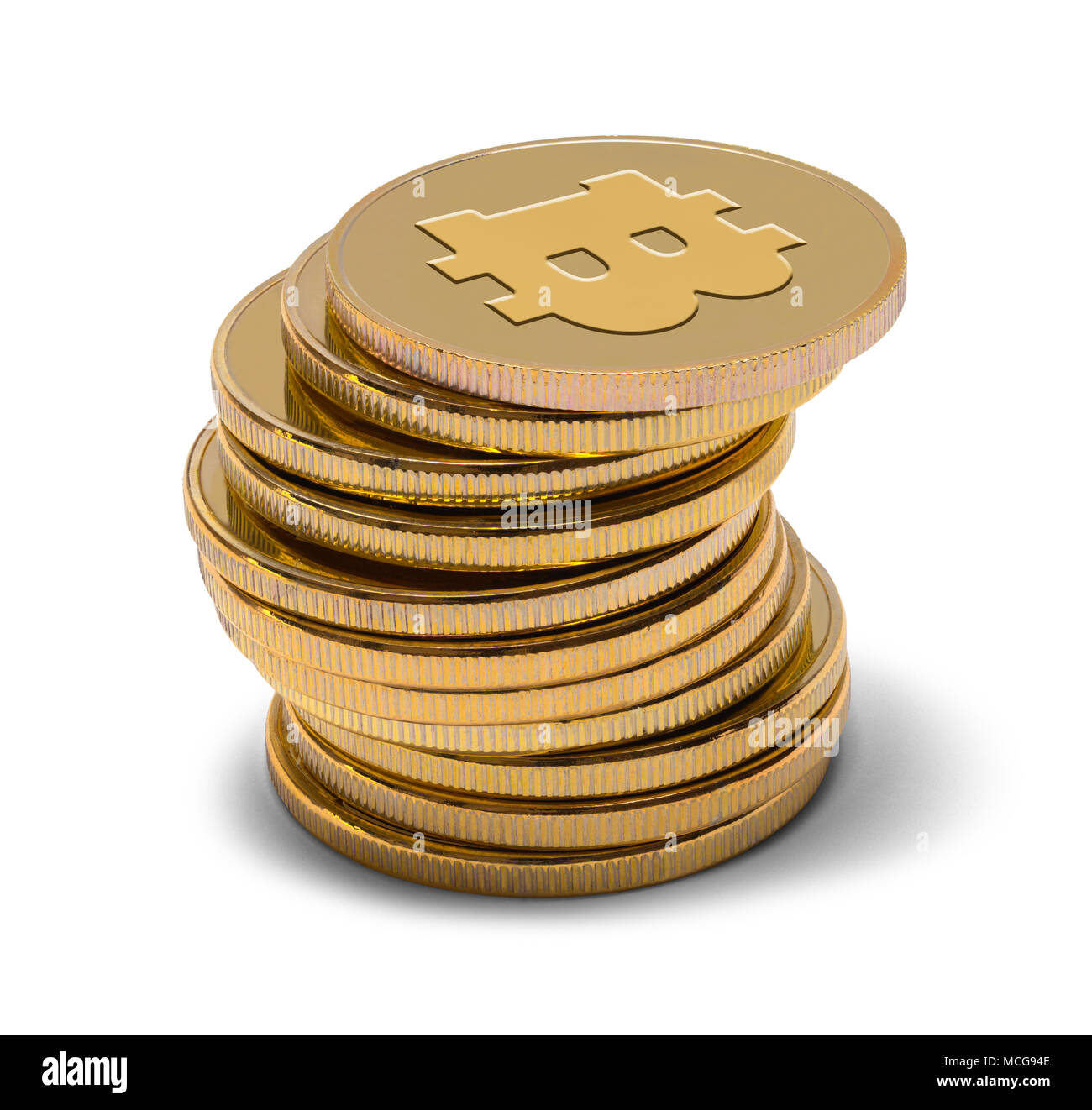 Stack of Gold Bitcoins Isolated on a White Background. Stock Photo