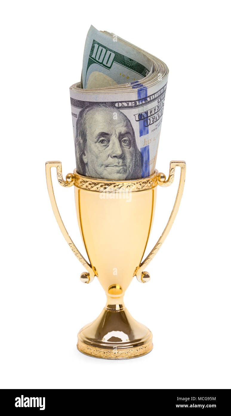 Gold Trophy Cup with Money Isolated on a White Background. Stock Photo