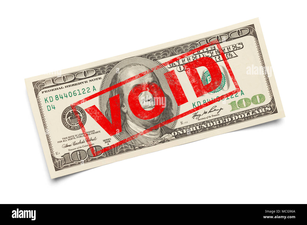 Void Stamp on One Hundred Dollar Bill Isolated on White. Stock Photo