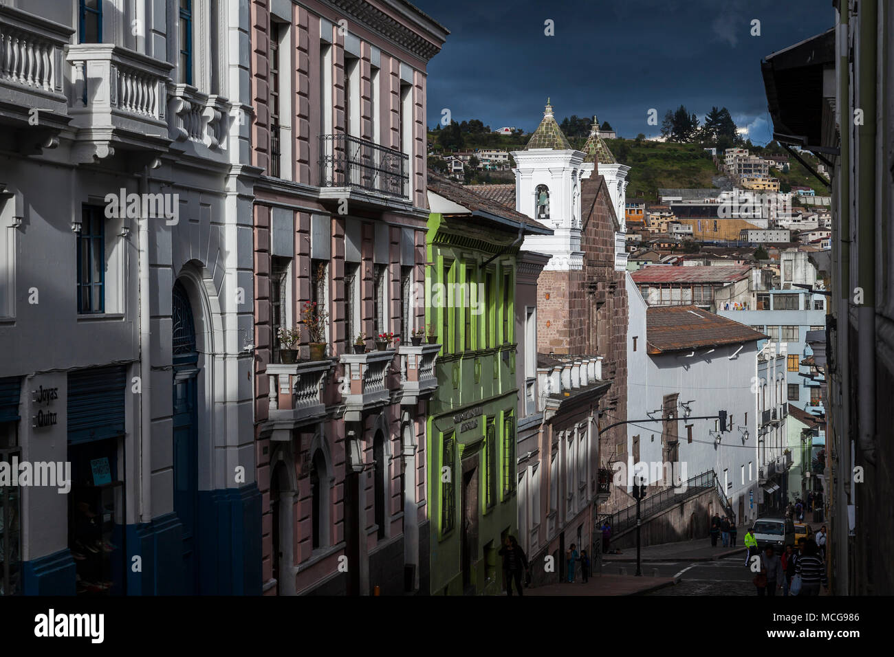Quito street at sunset, old downtown, Ecuador Stock Photo Alamy
