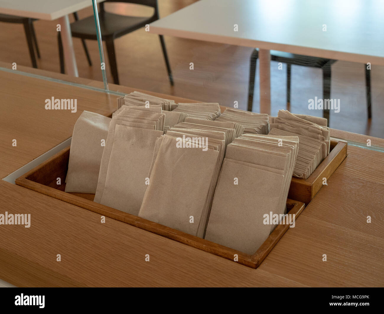 Row of napkins and paper towels to be used on display in a cafeteria