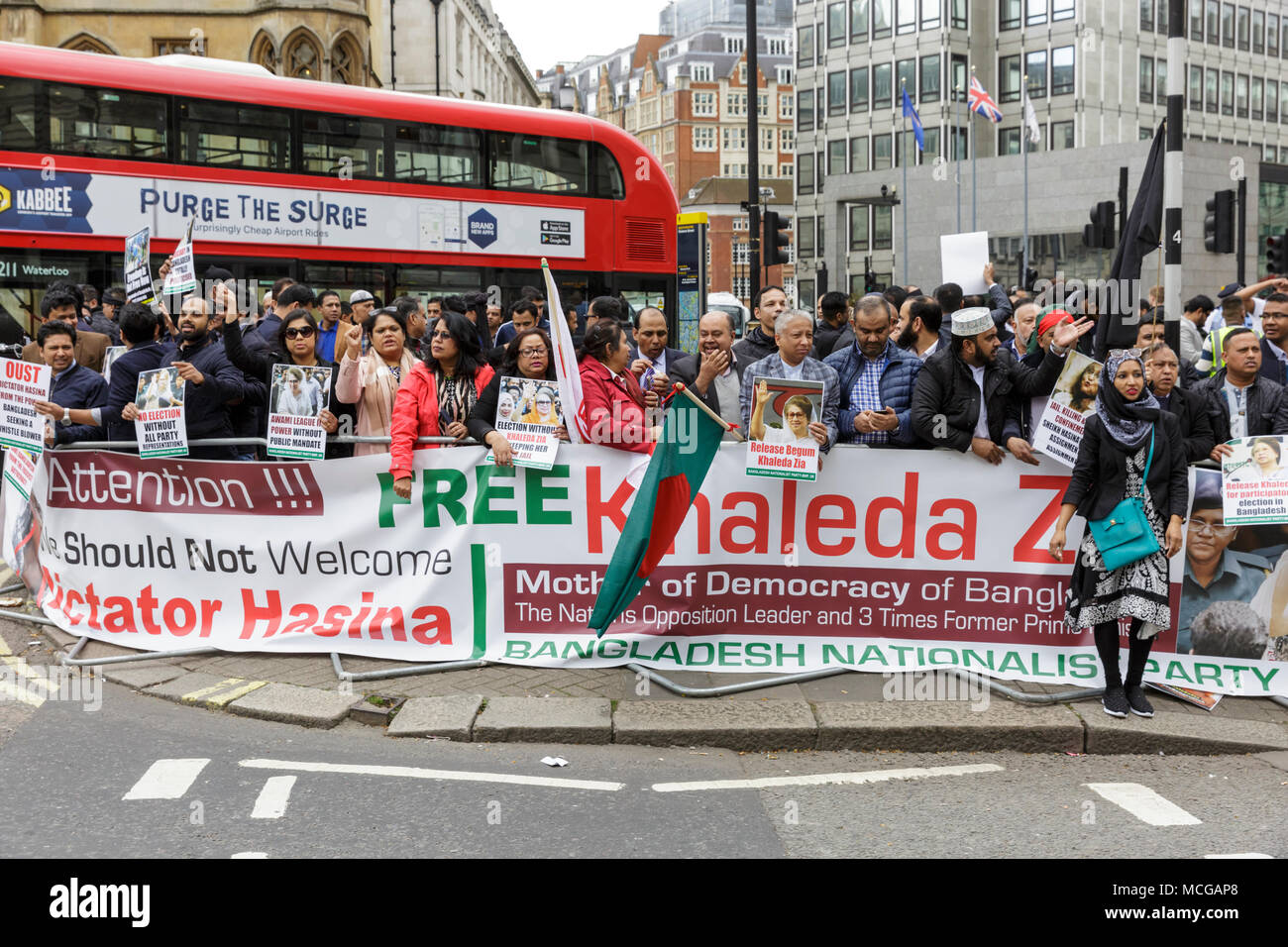 Westminster, London, 16th April 2018. Members of the Bangladeshi community demonstrate near the site of the Commonwealth meetings, rallying for democratic elections in Bangladesh and for the main opposition party, the Bangladesh Nationalist Party led by three-time former Prime Minister Khaleda Zia Credit: Imageplotter News and Sports/Alamy Live News Stock Photo