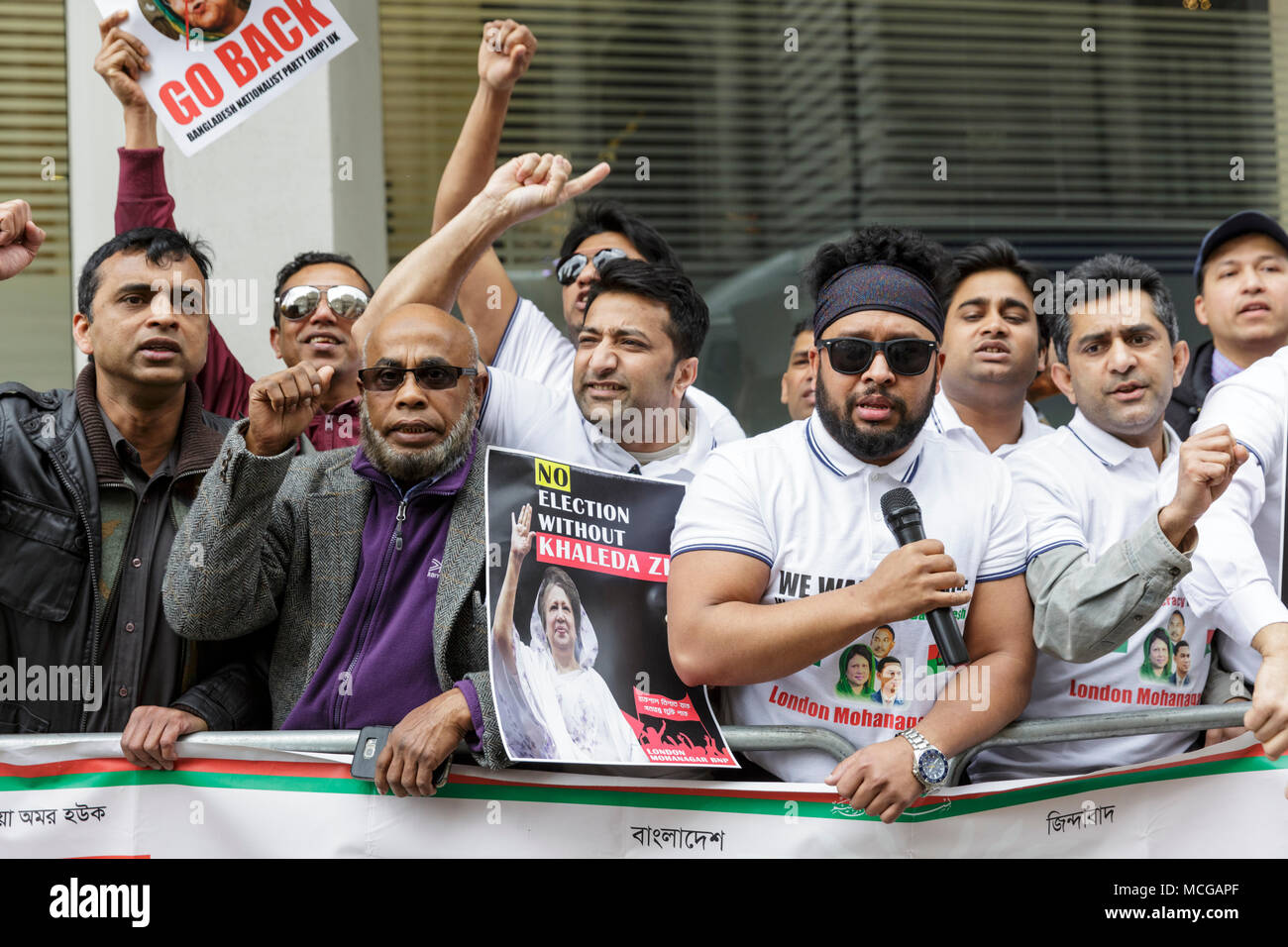Westminster, London, 16th April 2018. Members of the Bangladeshi community demonstrate near the site of the Commonwealth meetings, rallying for democratic elections in Bangladesh and for the main opposition party, the Bangladesh Nationalist Party led by three-time former Prime Minister Khaleda Zia Credit: Imageplotter News and Sports/Alamy Live News Stock Photo