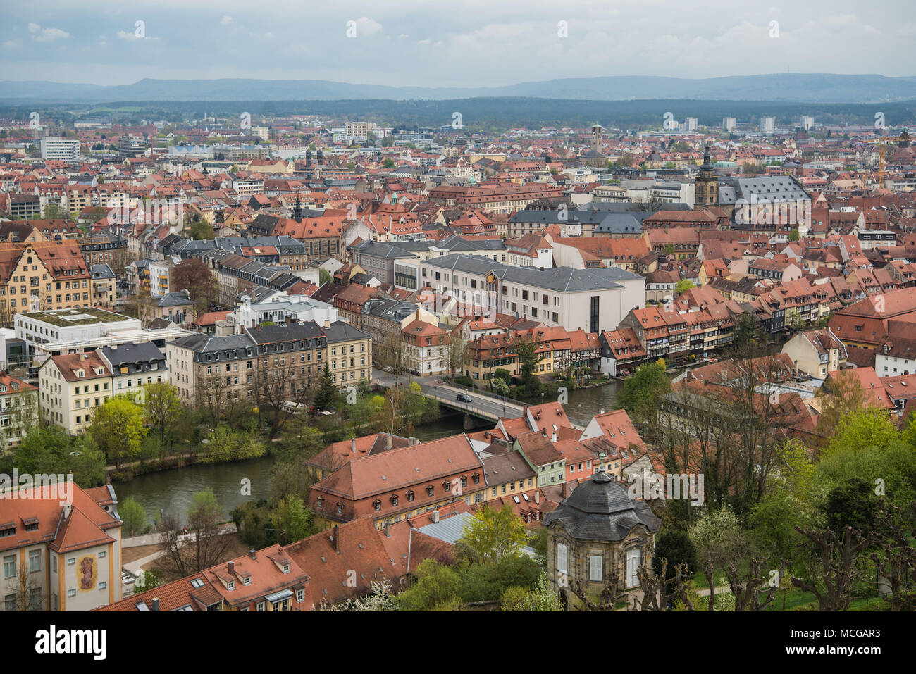 16 April 2018, Germany, Bamberg: View of the town centre. Photo: Nicolas Armer/dpa Stock Photo