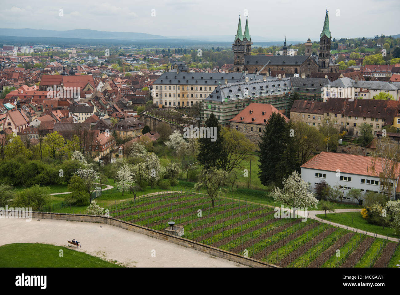 16 April 2018, Germany, Bamberg: View of Bamberg Cathedral. Photo: Nicolas Armer/dpa Stock Photo