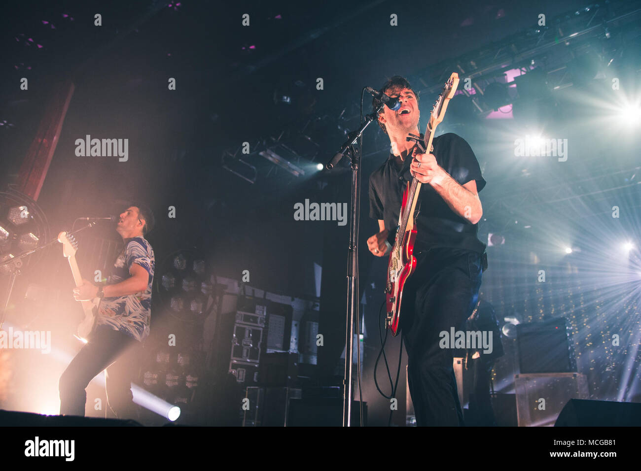 April 13, 2018 - Justin Hayward-Young of the English indie rock band, The Vaccines, performing at the Sheffield O2 Academy, 2018 Credit: Myles Wright/ZUMA Wire/Alamy Live News Stock Photo
