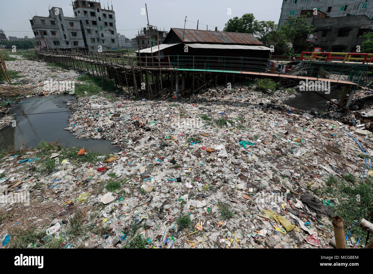 DHAKA, BANGLADESH APRIL 16, 2018 A canal full with wastage plastic