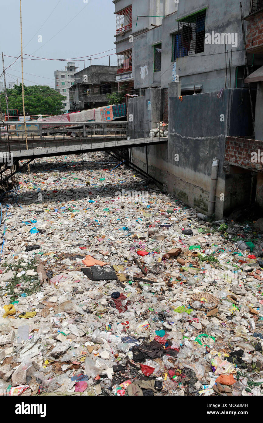 DHAKA, BANGLADESH APRIL 16, 2018 A canal full with wastage plastic