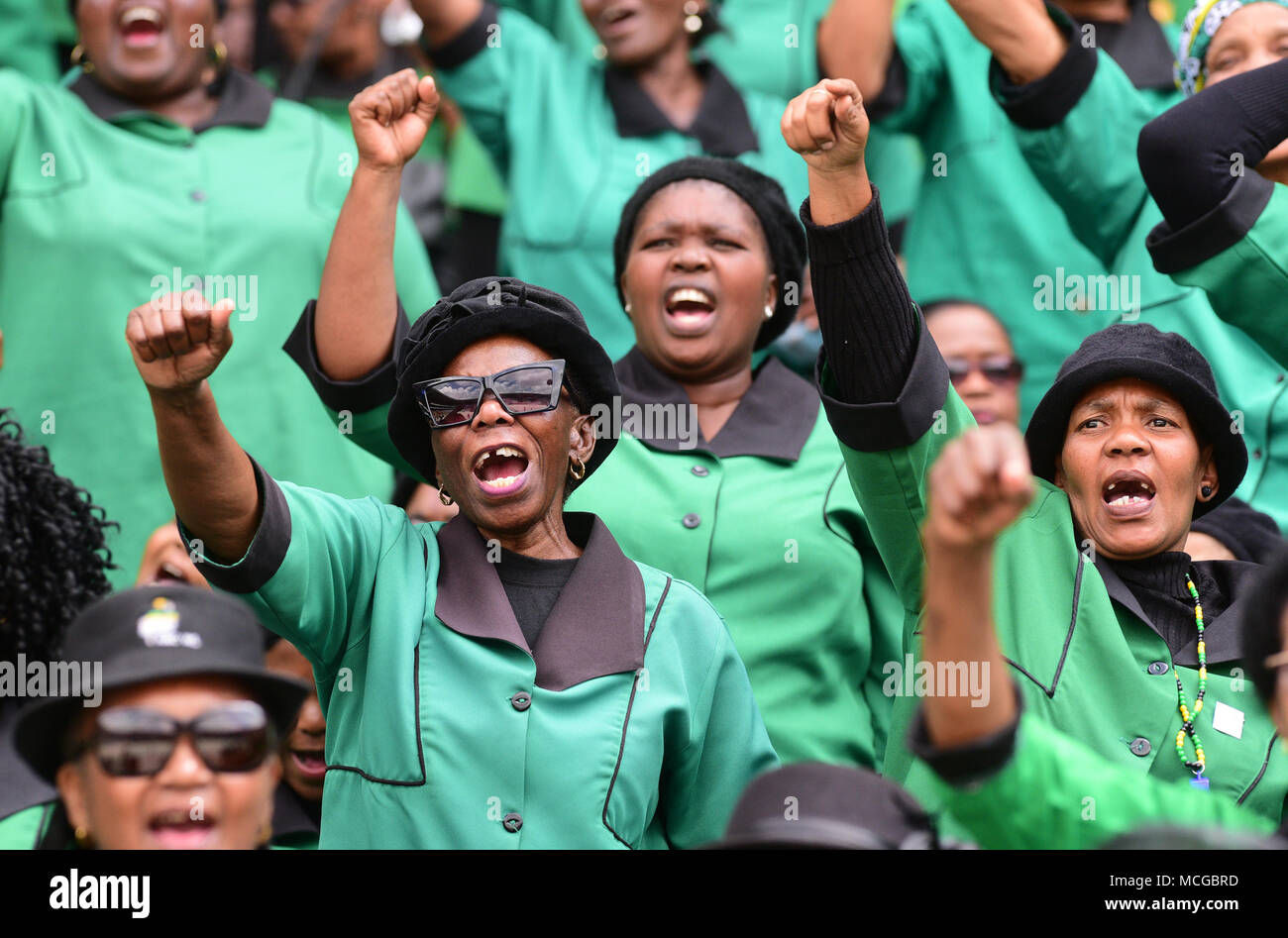 African National Congress Women's League (ANCWL) members seen singing during Winnie Mandela's funeral at Orlando Stadium in Soweto. Winnie Mandela, the ex wife of Nelson Mandela passed away in Johannesburg on April 2nd, 2018 after a long illness at the age of 81, the funeral has been celebrated to keep non-racial South Africa dream in people’s mind. Stock Photo