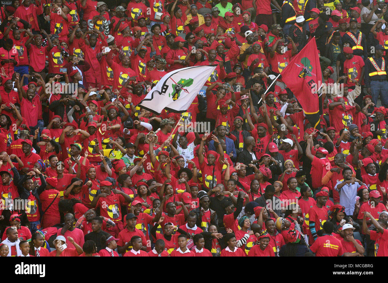 Economic Freedom Fighters (EFF) seen at the funeral of Winnie Mandela at Orlando stadium to pay their last respect. Winnie Mandela, the ex wife of Nelson Mandela passed away in Johannesburg on April 2nd, 2018 after a long illness at the age of 81, the funeral has been celebrated to keep non-racial South Africa dream in people’s mind. Stock Photo