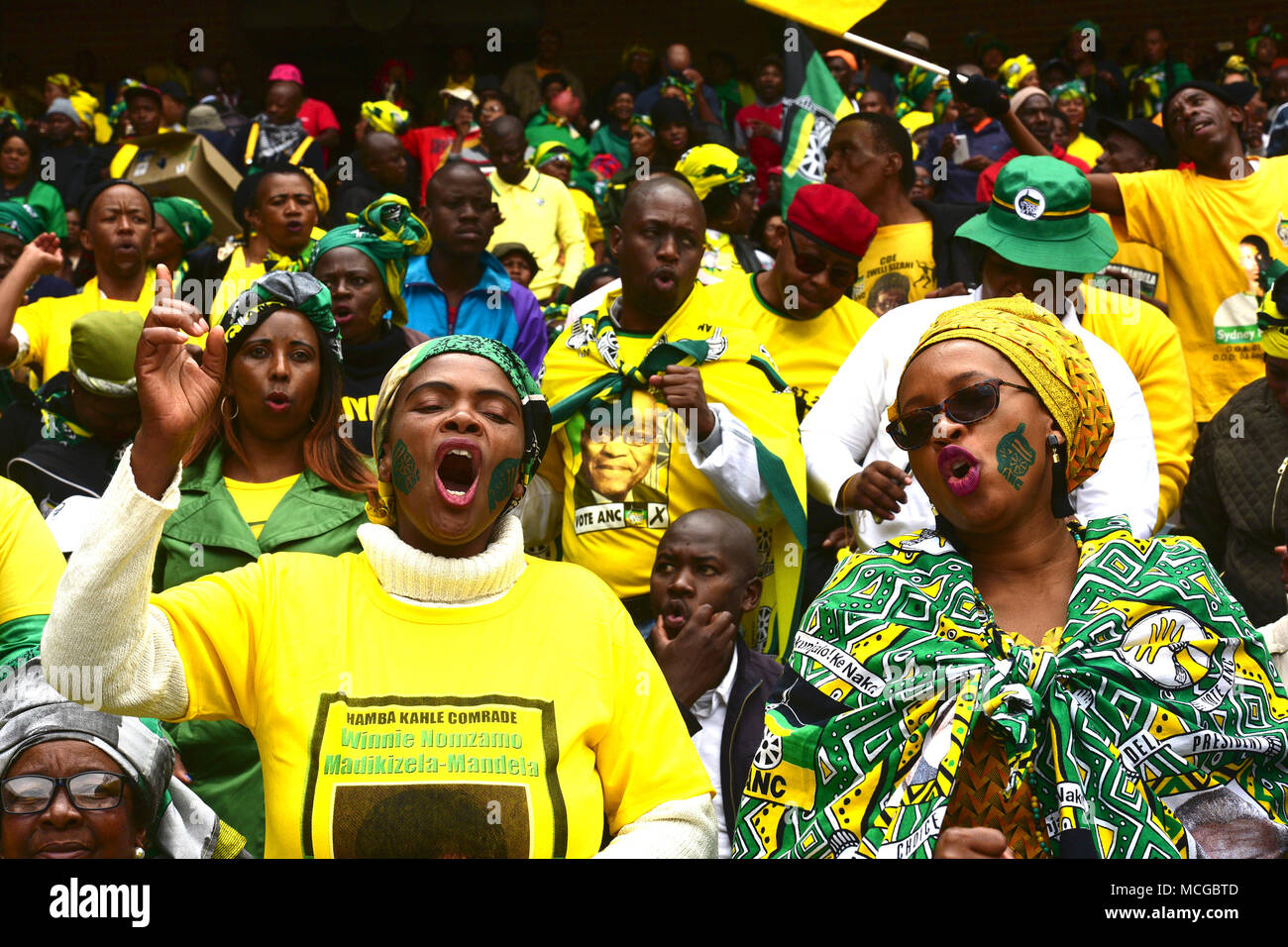 African National Congress Women's League (ANCWL) members seen singing during Winnie Mandela's funeral at Orlando Stadium in Soweto. Winnie Mandela, the ex wife of Nelson Mandela passed away in Johannesburg on April 2nd, 2018 after a long illness at the age of 81, the funeral has been celebrated to keep non-racial South Africa dream in people’s mind. Stock Photo