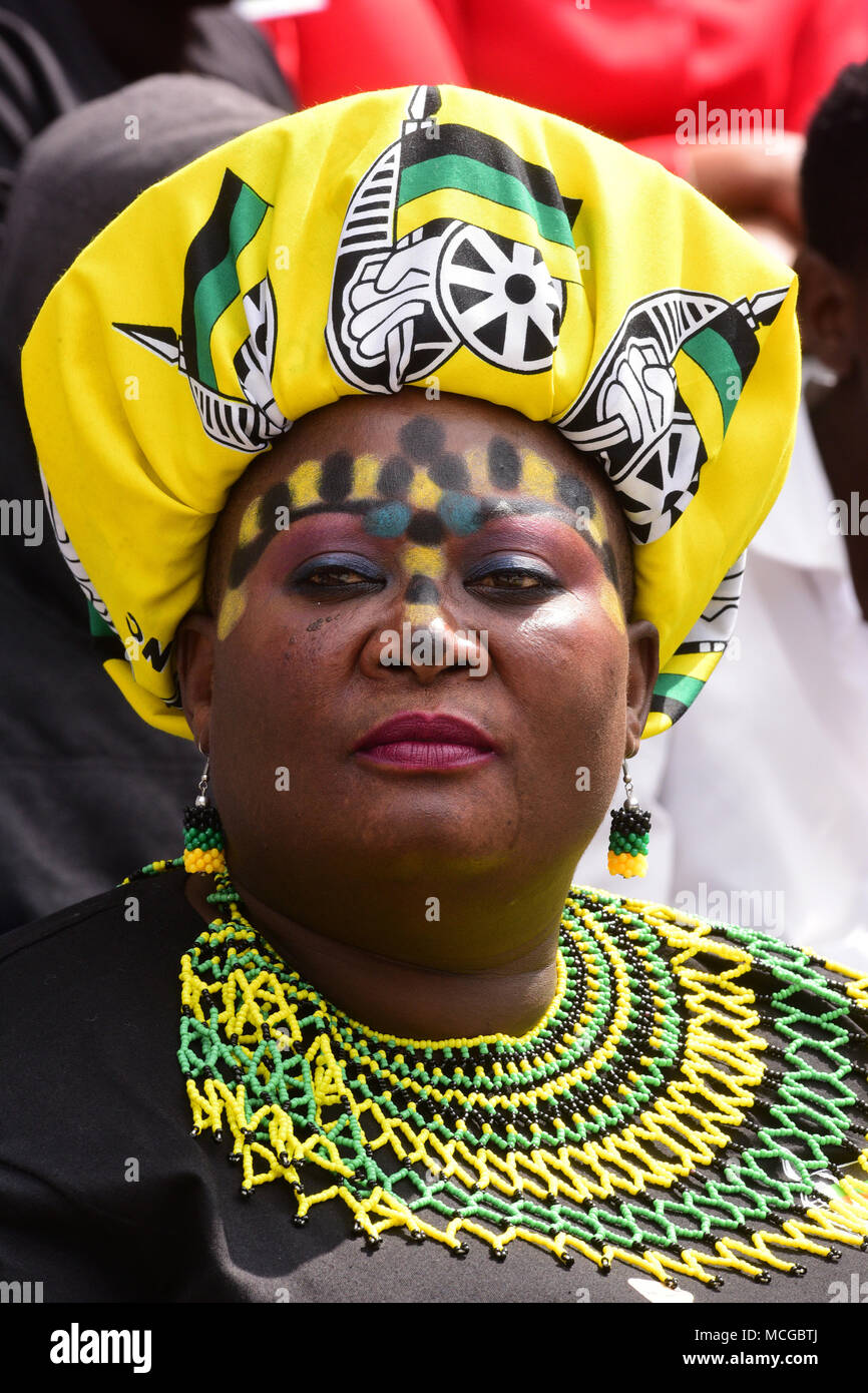 African National Congress Women's League (ANCWL) woman seen during Winnie Mandela's funeral at Orlando Stadium in Soweto. Winnie Mandela, the ex wife of Nelson Mandela passed away in Johannesburg on April 2nd, 2018 after a long illness at the age of 81, the funeral has been celebrated to keep non-racial South Africa dream in people’s mind. Stock Photo