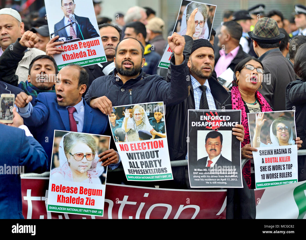 London, UK. 16th April 2018. Bangladeshi protesters opposite the Queen Elizabeth Conference Centre at the start of the Commonwealth Heads of Government Conference Credit: PjrNews/Alamy Live News Stock Photo