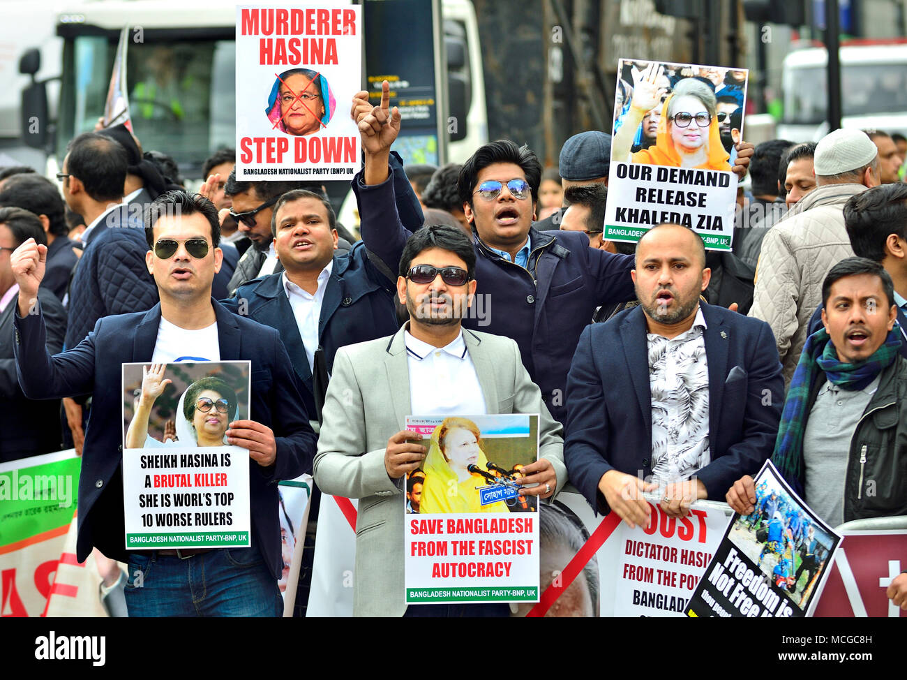 London, UK. 16th April 2018. Bangladeshi protesters opposite the Queen Elizabeth Conference Centre at the start of the Commonwealth Heads of Government Conference Credit: PjrNews/Alamy Live News Stock Photo