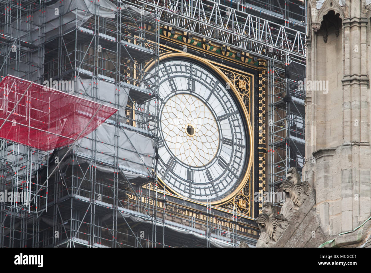 London UK. 16th April 2018.  Big Ben clock face with the hands removed as part of refubishment as politicians and Members of Parliament return from their Easter break and Prime Minister Theresa May faces difficult questions over the military strikes in Syria over the weekend Credit: amer ghazzal/Alamy Live News Stock Photo