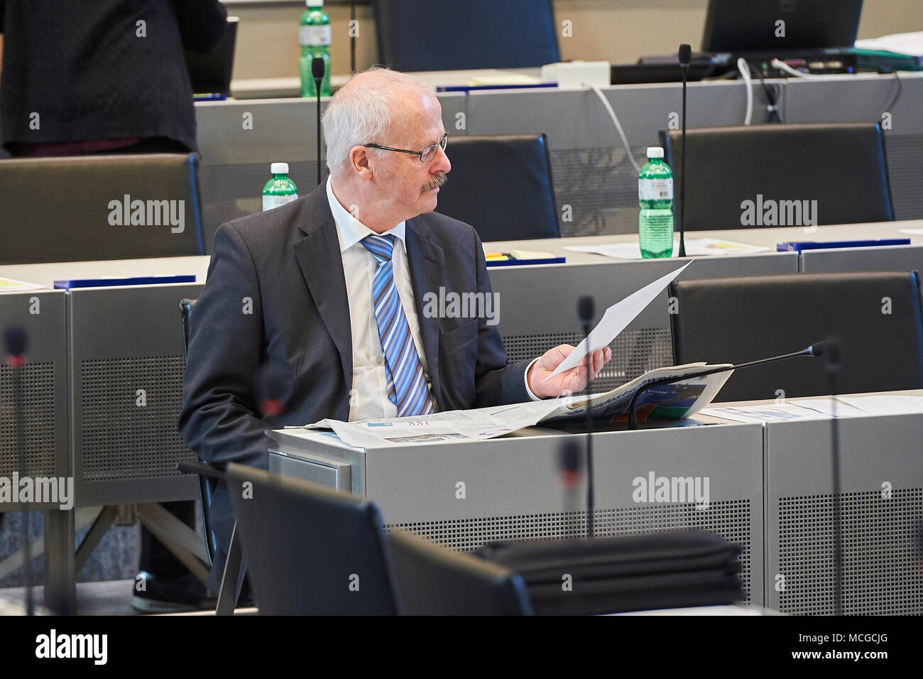 Chur, Switzerland, 16th April 2018. Roland Kunfermann during the April 2018 session in the Grand Council of the Canton of Grisons in Chur Credit: Rolf Simeon/Alamy Live News Stock Photo