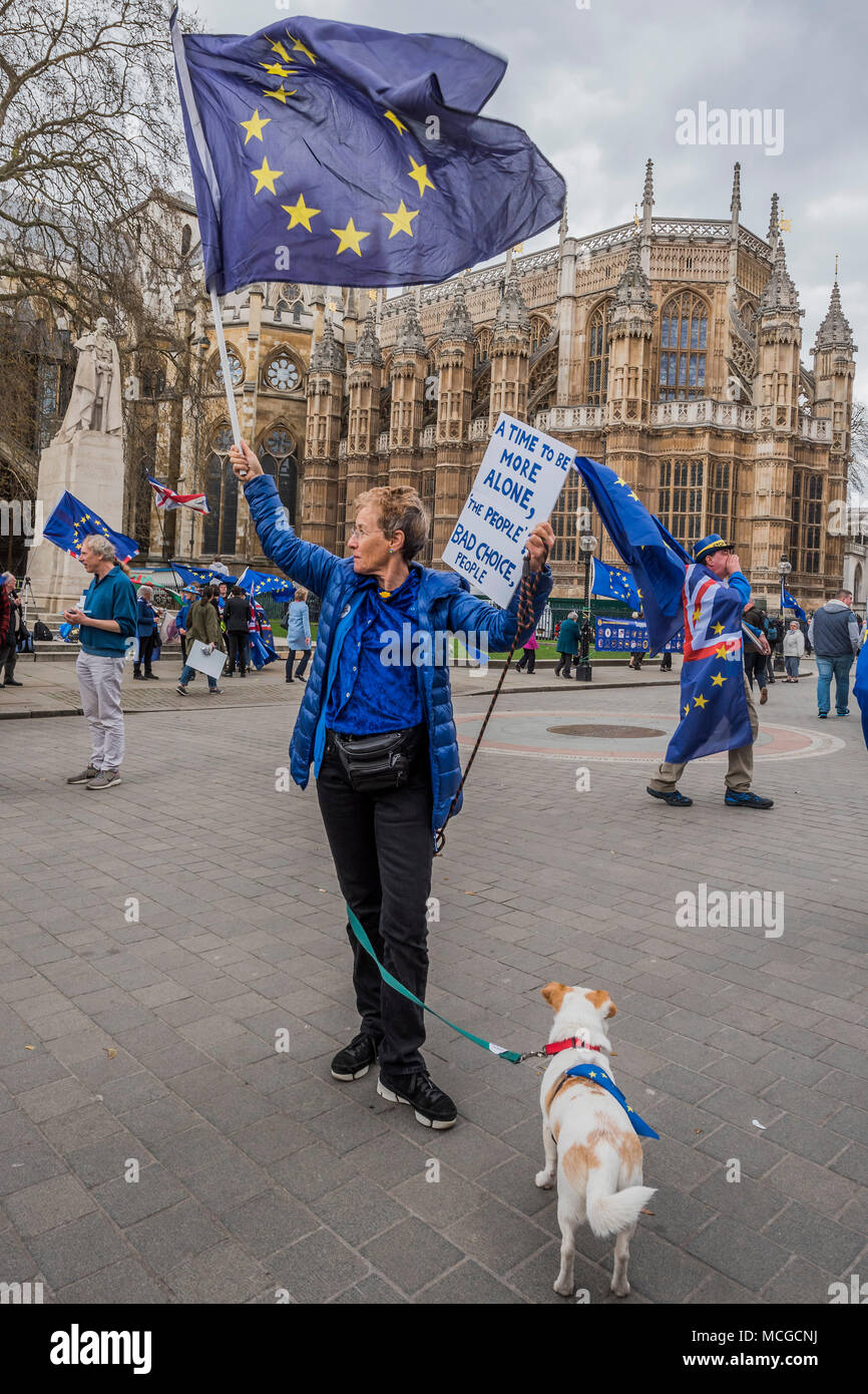 London, UK. 16th Apr, 2018. SODEM Pro EU and anti brexit protesters gather outside parliament as the MP's come back from their Easter break and the Lords prepare to debate the issue. Credit: Guy Bell/Alamy Live News Stock Photo