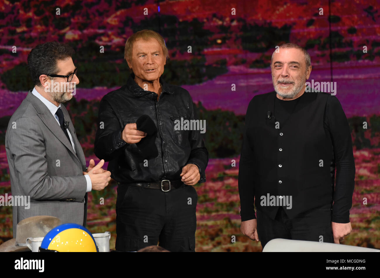 Terence Hill and Nino Frassica guests of the television program Che Tempo Che Fa. 15/04/2018, Milan, Italy Stock Photo