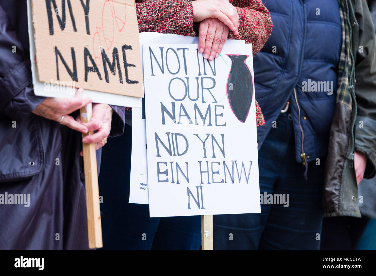 Aberystwyth Wales Uk Monday 16 April 18 Not In My Name A Group Of Anti War Protesters Holding Banners And Hand Written Placards Assembled To Voice Their Opposition To The Recent Bombing