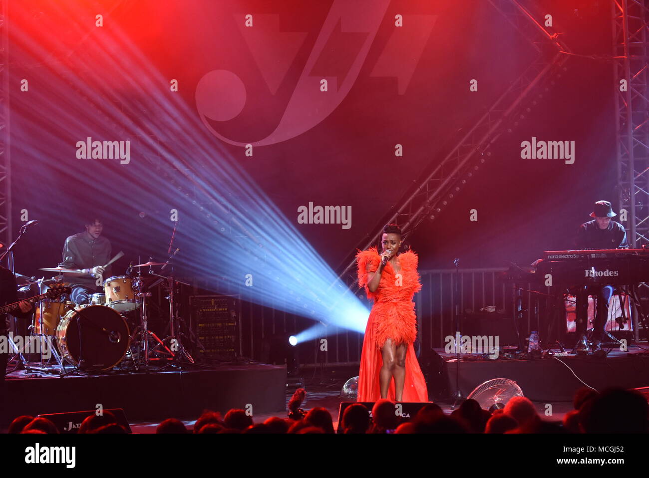 Casablanca, Morocco. 16th Apr, 2018. Skye Edwards (C) from British band Morcheeba performs during the Jazzablanca 2018, an annual music festival, in Casablanca, Morocco, on April 16, 2018. Credit: Aissa/Xinhua/Alamy Live News Stock Photo
