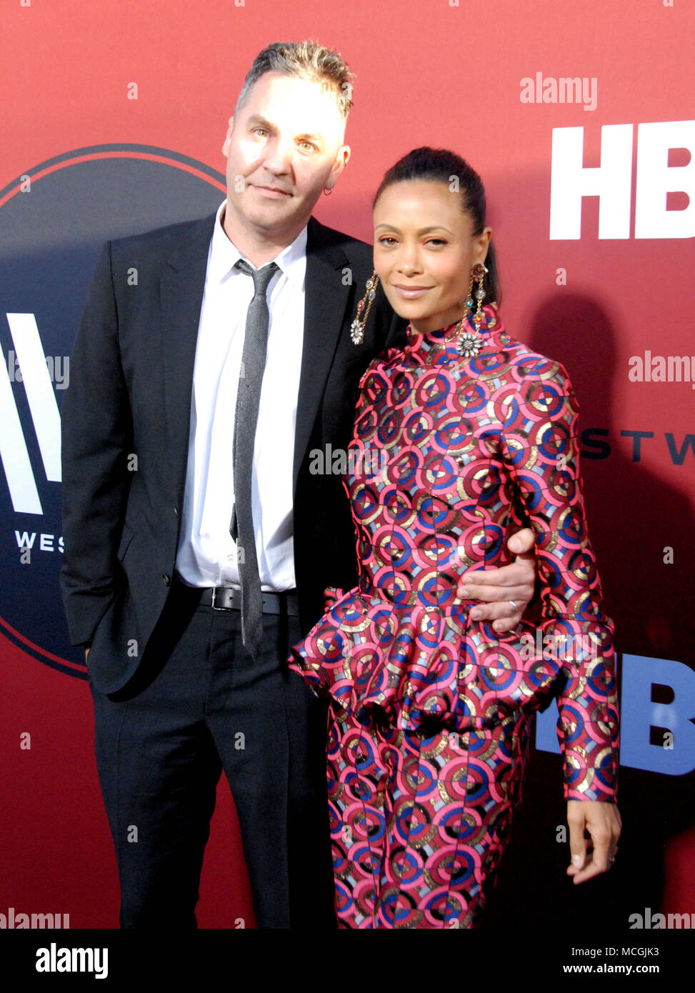LOS ANGELES, CA - APRIL 16: (L-R) Ol Parker and Actress Thandie Newton attend the Los Angeles Season 2 Premiere of HBO Drama Series 'Westworld' at The Cinerama Dome on April 16, 2018 in Los Angeles, California. Photo by Barry King/Alamy Live News Stock Photo