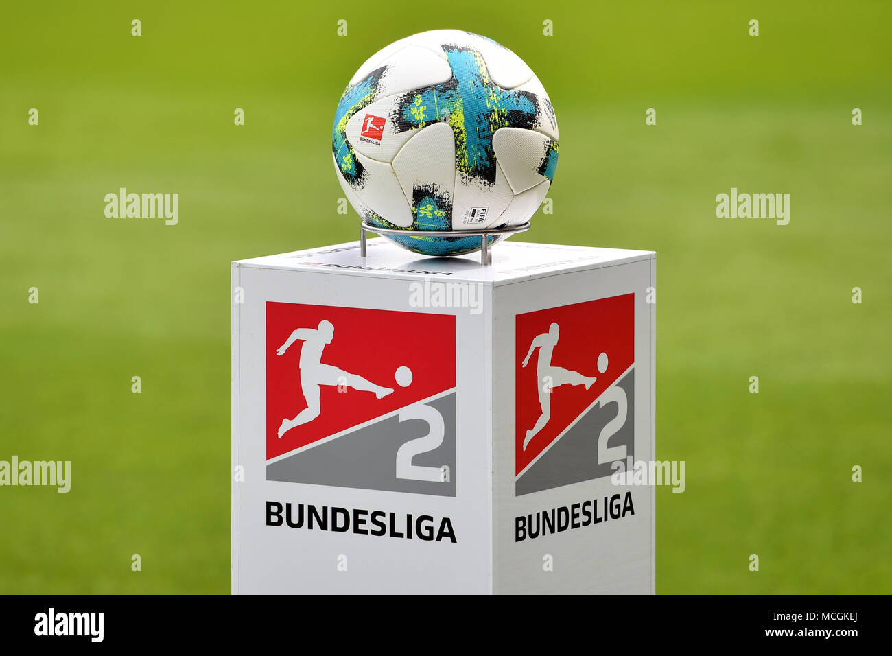 Ingolstadt, Deutschland. 15th Apr, 2018. Random-motive official ball adidas TORFABRIK leigt on a pedestal, base before the start of the match, football 2. Bundesliga/FC Ingolstadt-1.FC Nuenrberg 1-1, 30.matchday, matchday30, season 2017/18