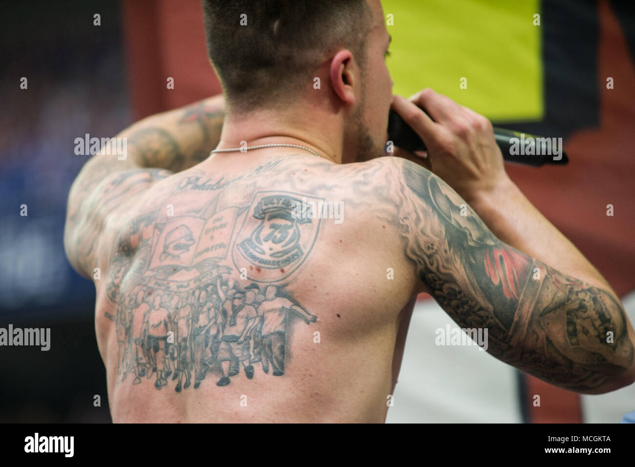 Gelsenkirchen, Deutschland. 15th Apr, 2018. Tattoos of Capo der Schalke