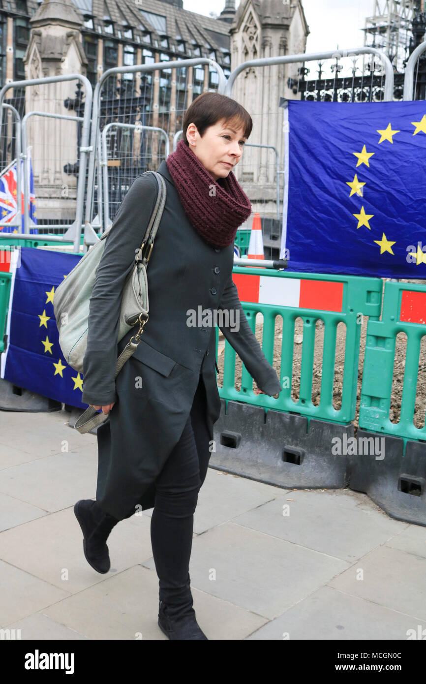 London UK. 16th April 2018.  Caroline Lucas MP  Co-Leader of the Green Party,  is seen walking outside Parliament in Westminster. Caroline Lucas is MP for Brighton Pavillion and favours  a second EU Referendum on Brexit Credit: amer ghazzal/Alamy Live News Stock Photo