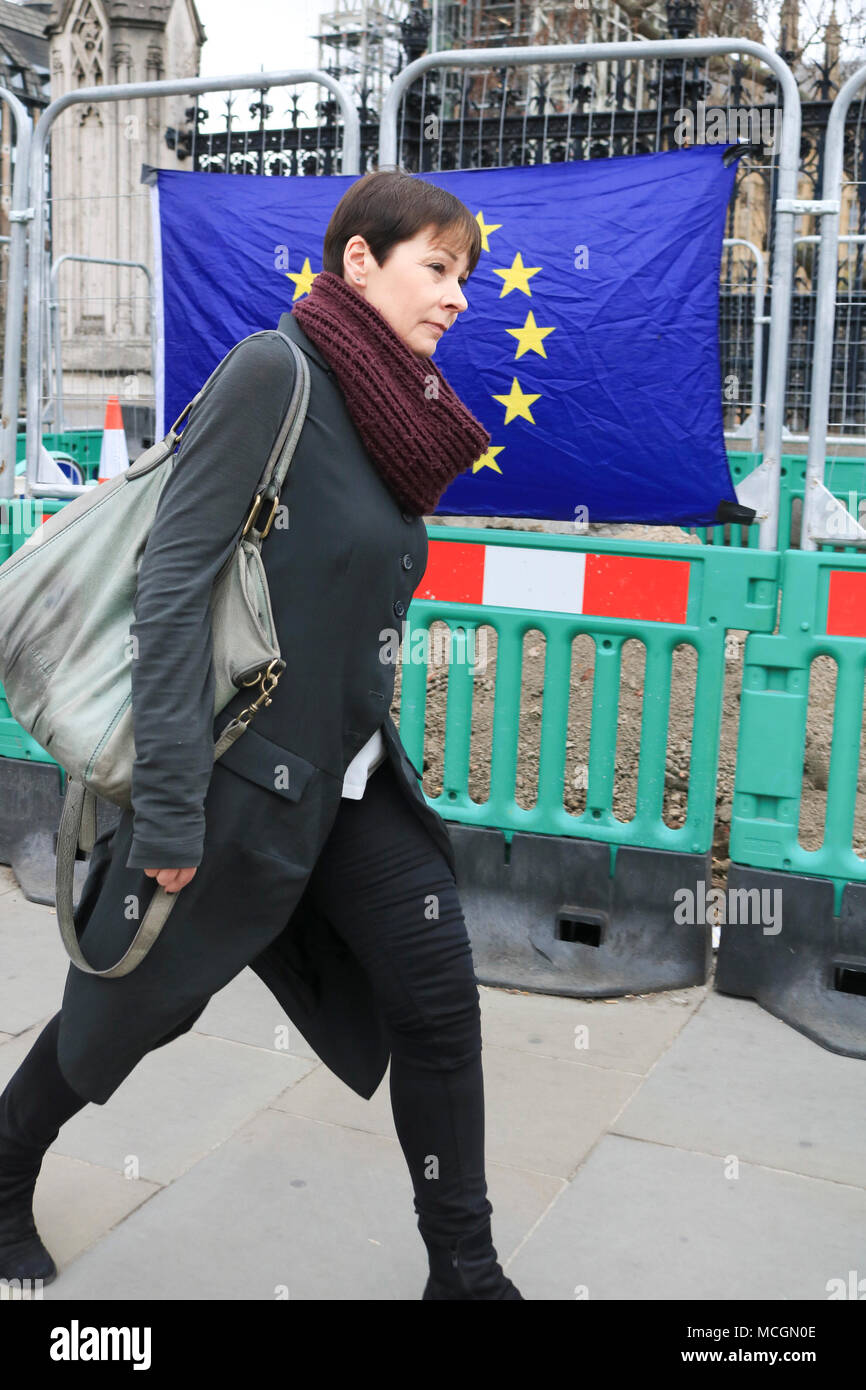 London UK. 16th April 2018.  Caroline Lucas MP  Co-Leader of the Green Party,  is seen walking outside Parliament in Westminster. Caroline Lucas is MP for Brighton Pavillion and favours  a second EU Referendum on Brexit Credit: amer ghazzal/Alamy Live News Stock Photo