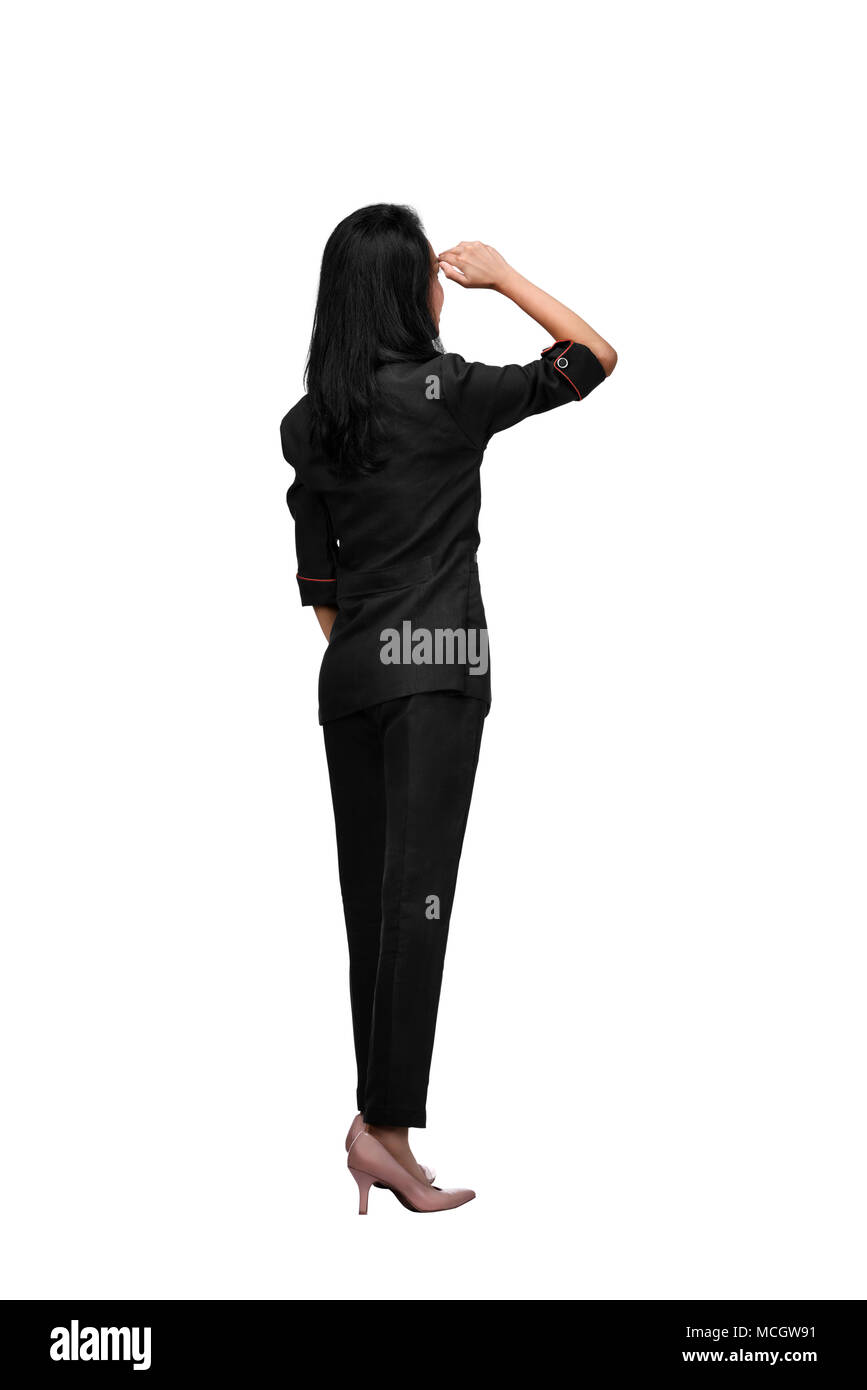 Rear view of asian business woman looking up isolated over white ...
