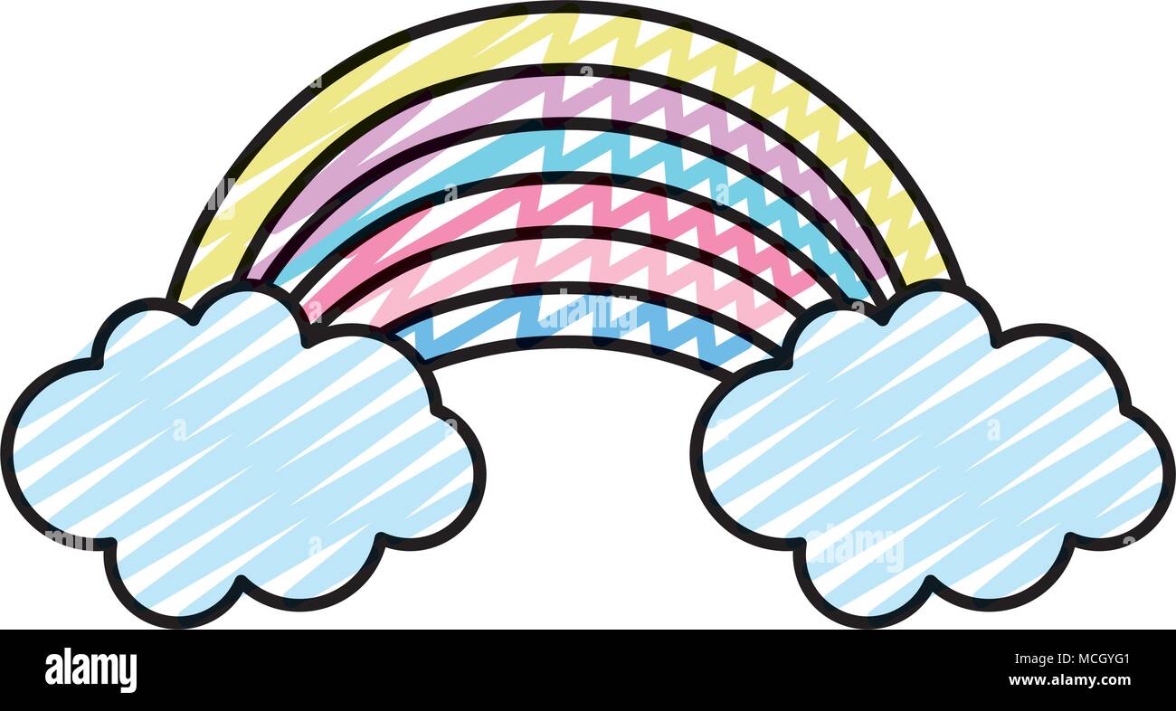 doodle nature bright rainbow with clouds in the sky vector illustration ...