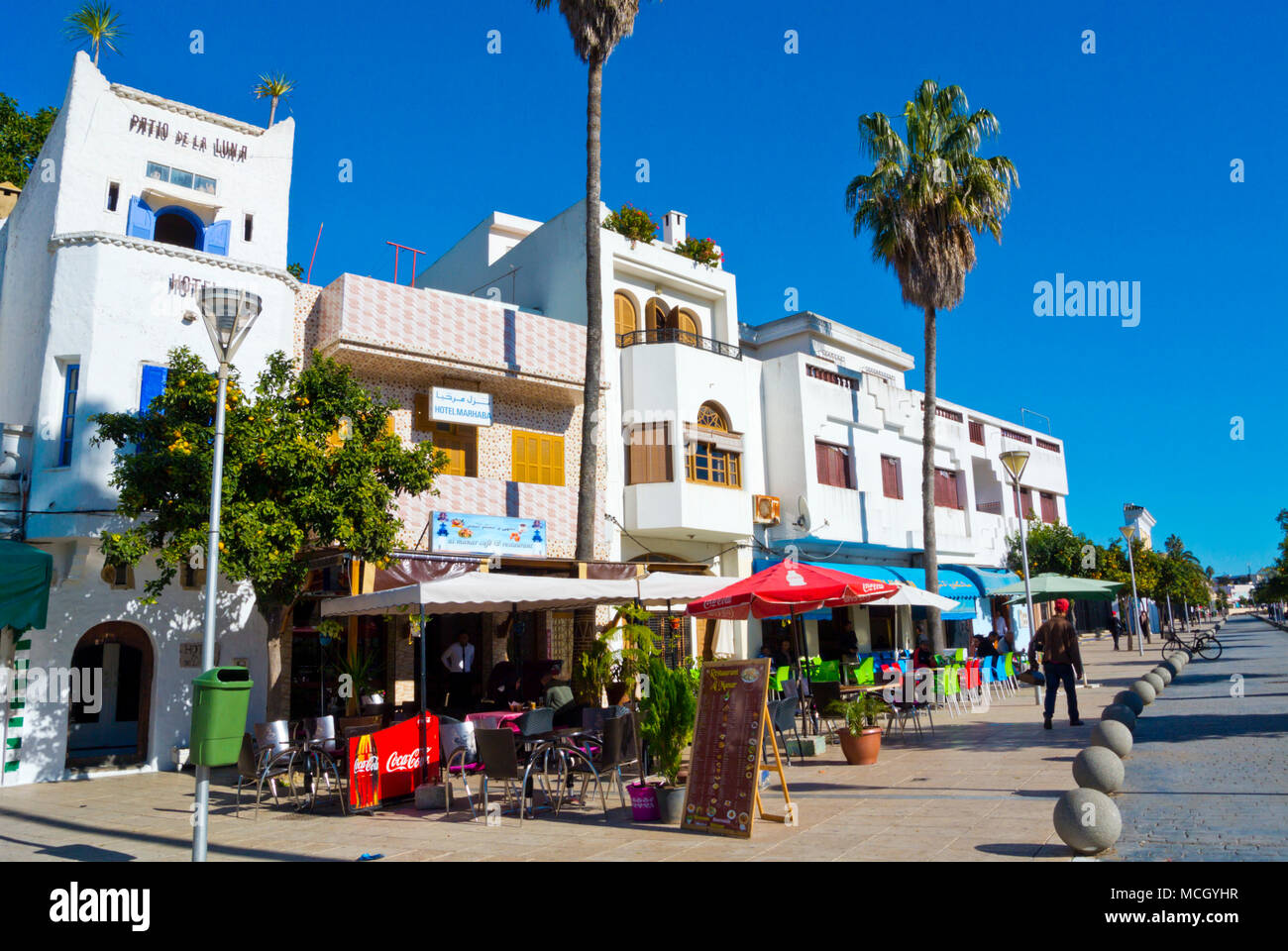 Hotels, cafes and restaurants, Avenue Mohamed V, Assilah, northern Morocco, Africa Stock Photo