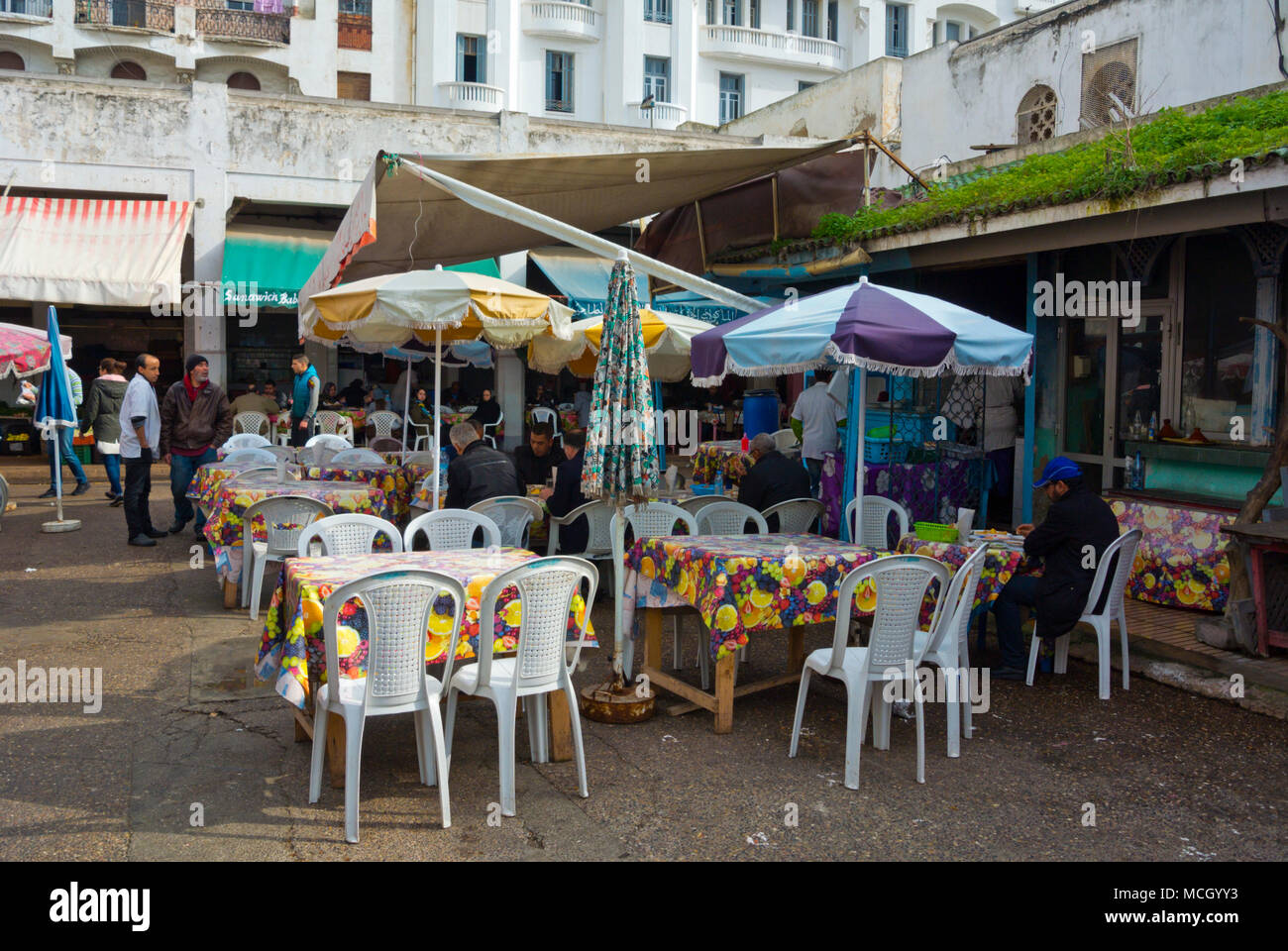 Lunch-time restaurant terraces, Marche Central, central market, Casablanca, Morocco, northern Africa Stock Photo
