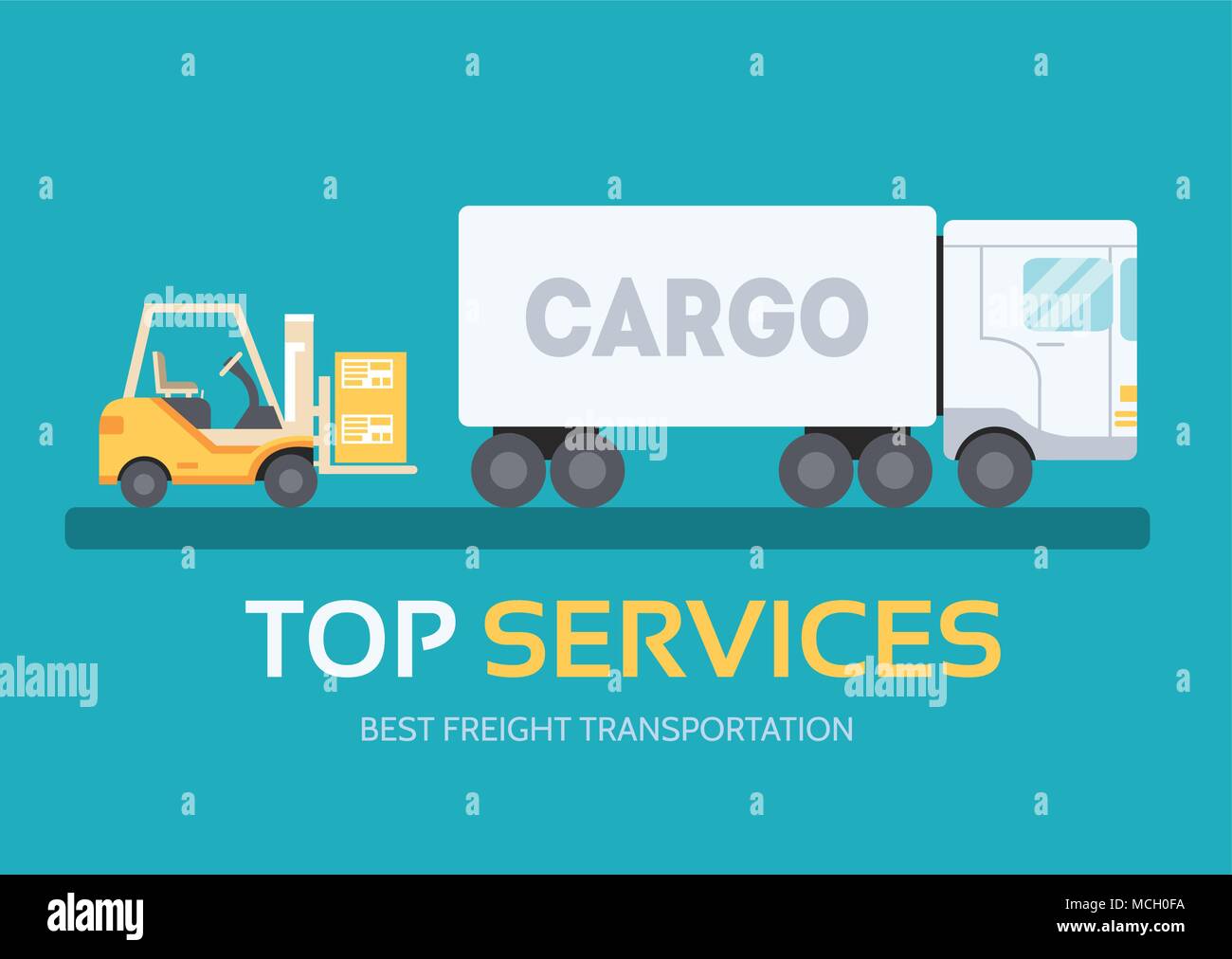 Cargo freight in flat design background concept. Logistic equipment and ...