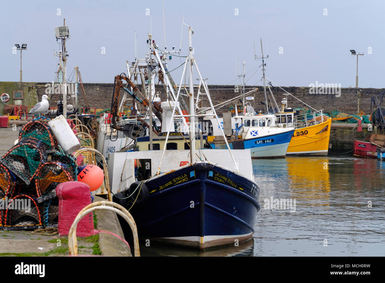 View of fishing boats in harbour at Port Seton on Firth of Forth in