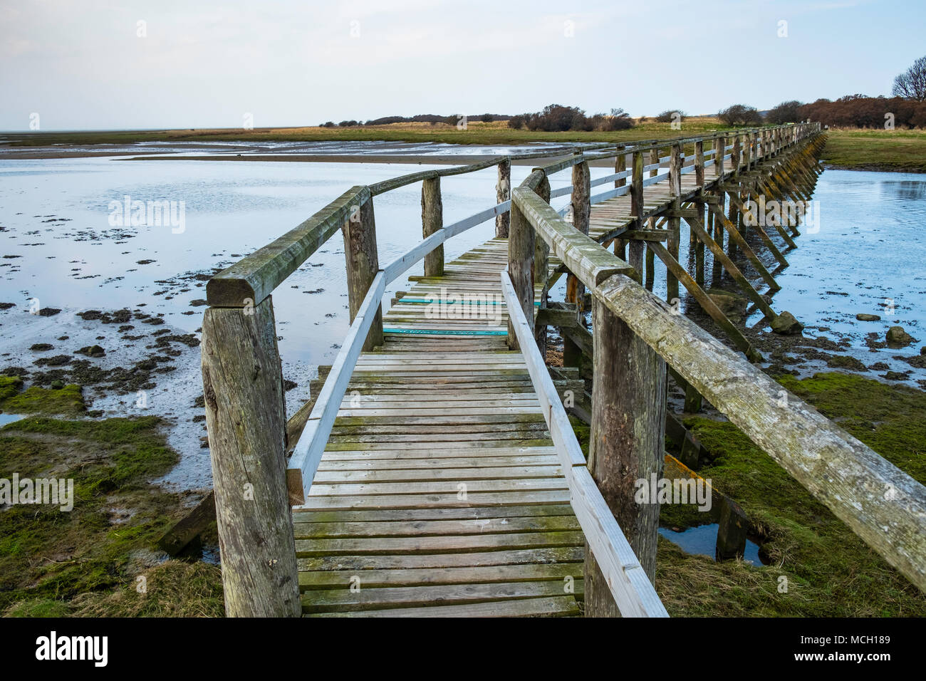 View of wooden footbridge leading to Aberlady Bay Nature Reserve on coast of Firth of Forth estuary in East Lothian, Scotland, UK Stock Photo