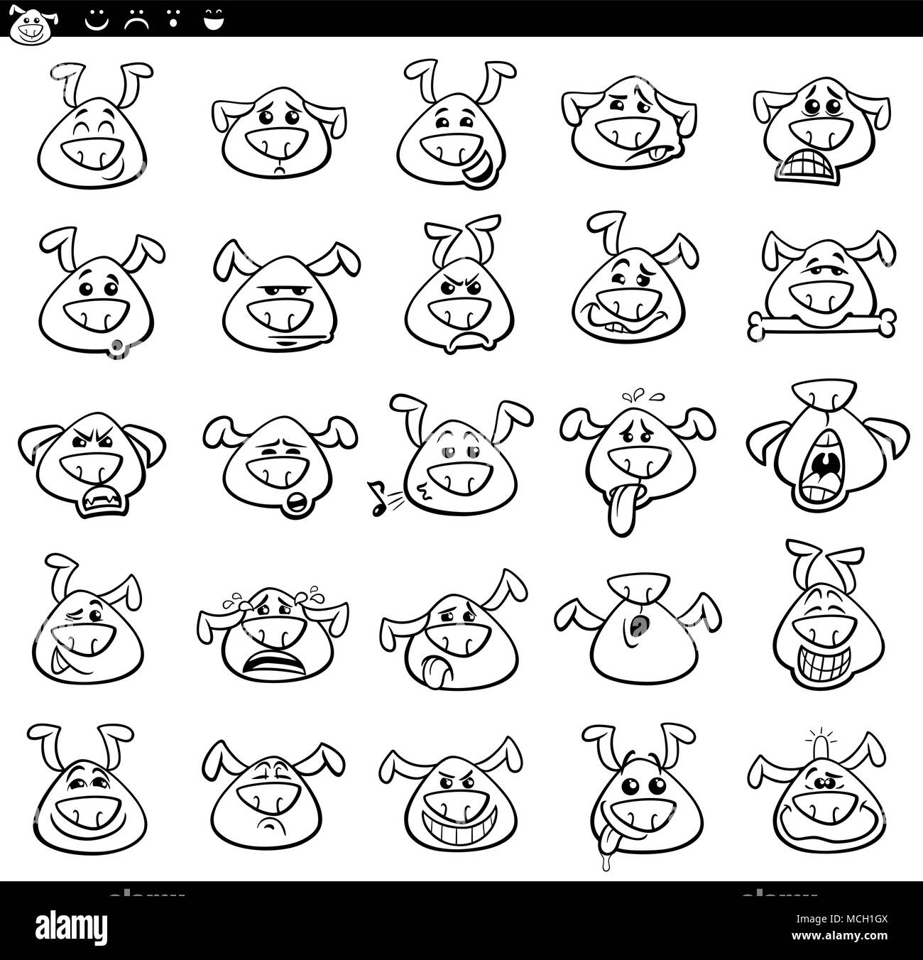 Black and White Cartoon Illustration of Funny Dogs Expressing Emotions or Emoji Icons Set Stock Vector