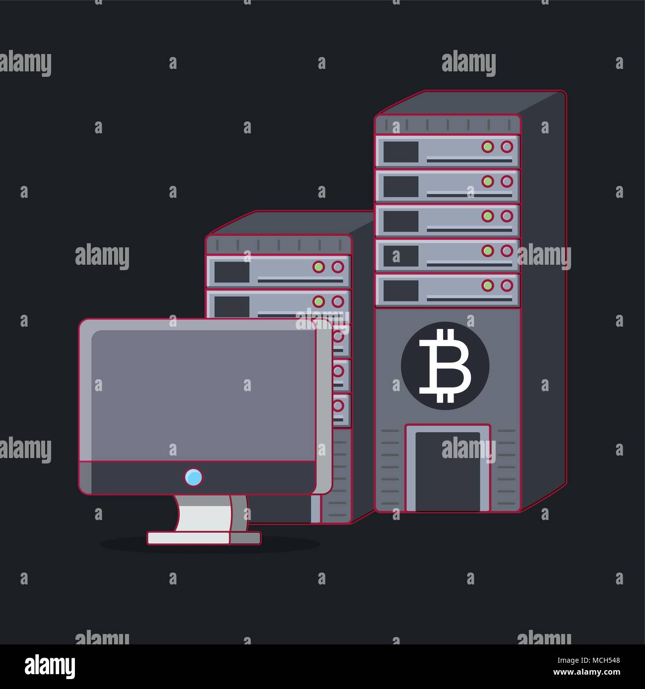 computer an data server with bitcoin symbol over black background ...