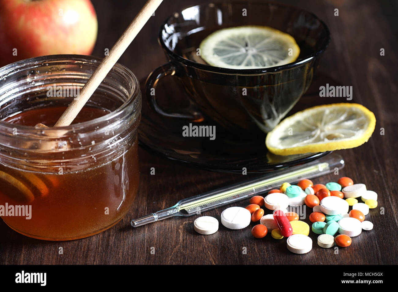 Tablets and home remedies against colds Stock Photo