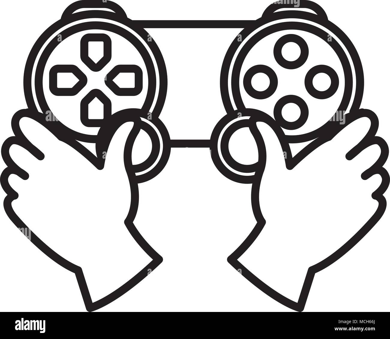 line hands with videogame controller play console vector illustration ...