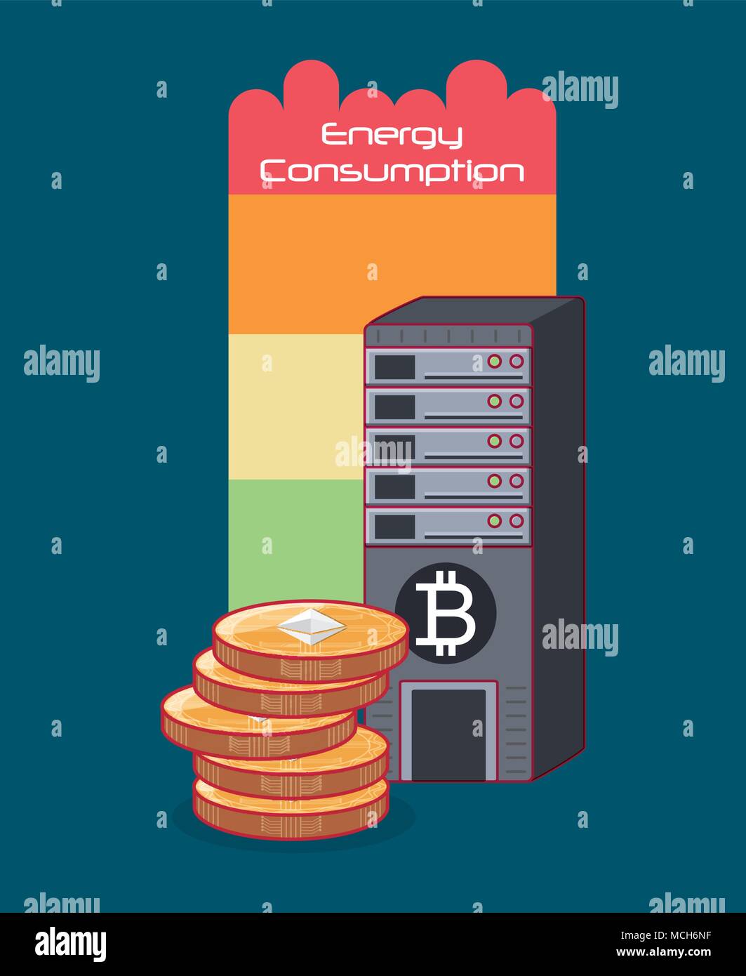 energy consumption design with data servers with bitcoin symbol and  cryptocoins over blue background, colorful design. vector illustration  Stock Vector Image & Art - Alamy