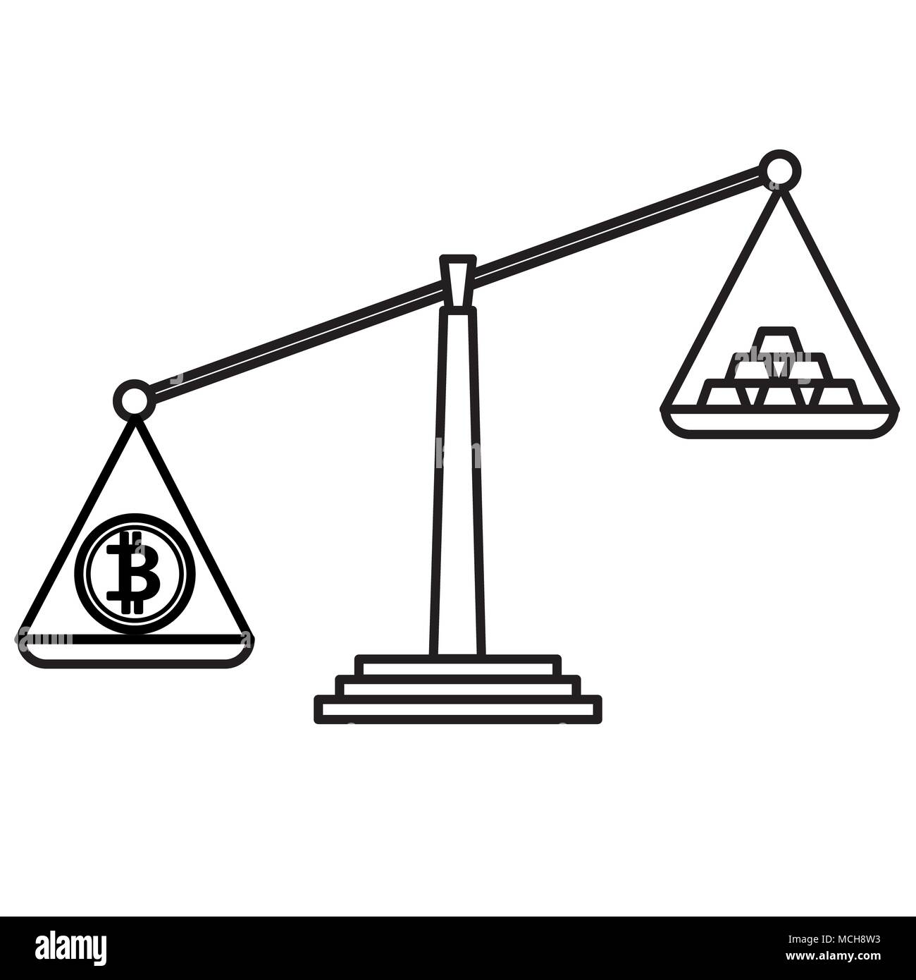 The concept with bitcoin in line art style. Bitcoin on scales crosses ingots of gold. Outline vector graphic Stock Photo