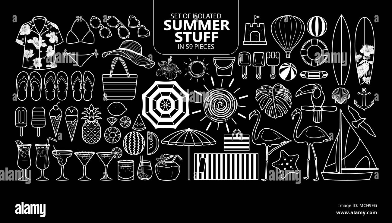 Set of isolated summer stuff in 59 pieces. Cute vector illustration elements for holiday only white outline on black background. Stock Vector