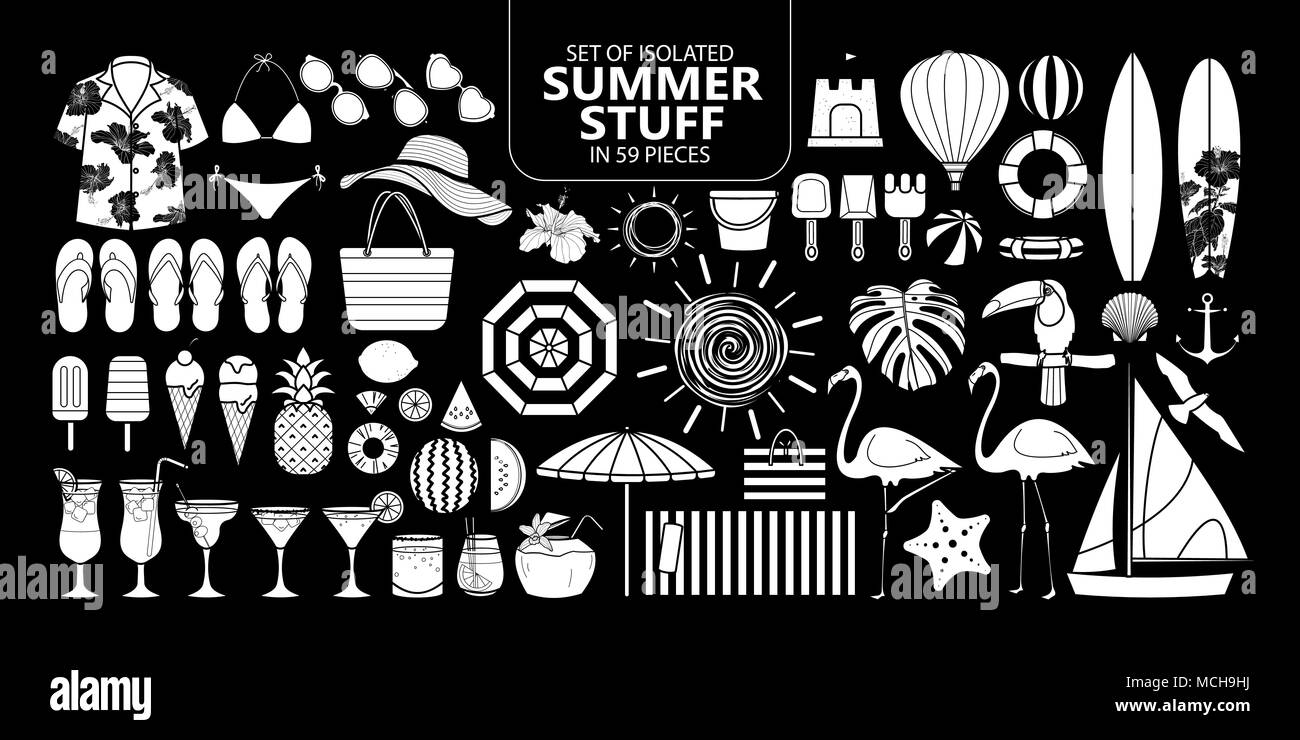 Set of isolated summer stuff in 59 pieces. Cute vector illustration elements for holiday in white plane without outline on black background. Stock Vector