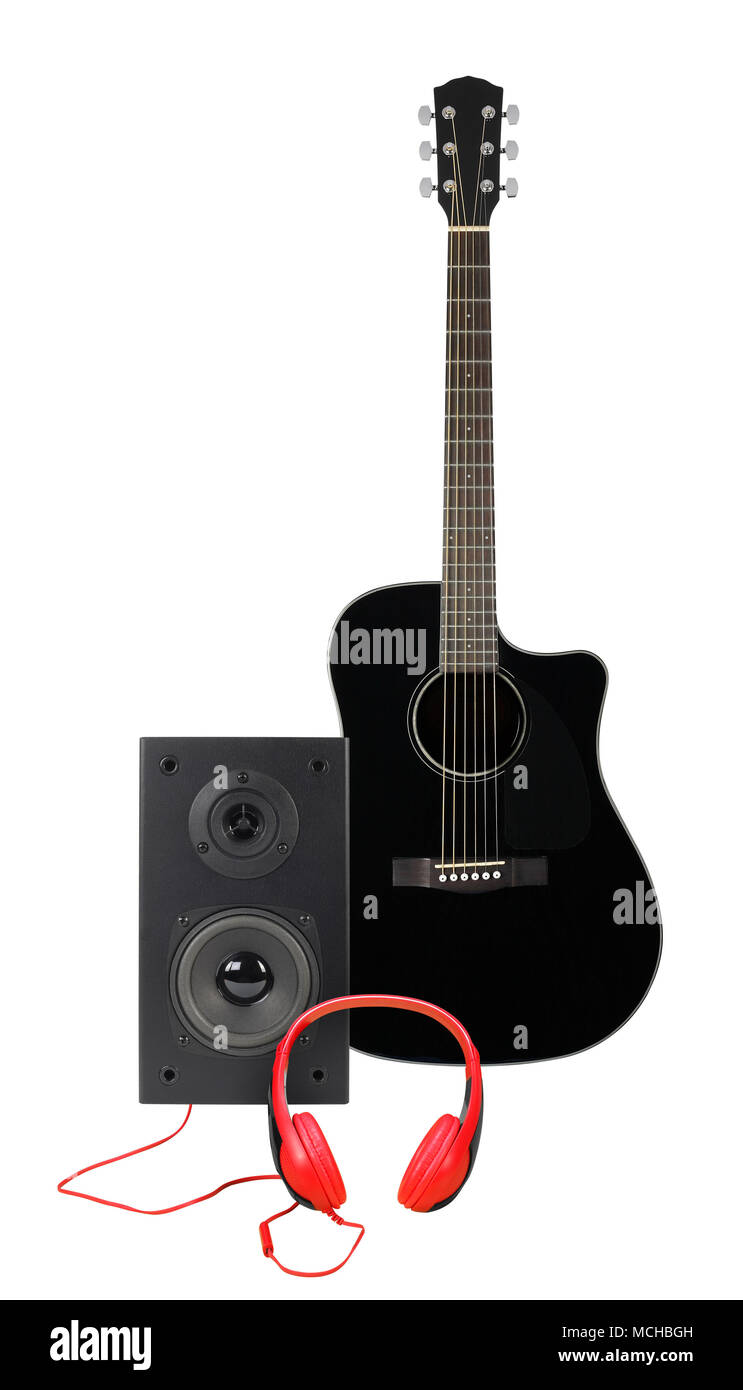 Music and sound Front view black acoustic guitar, line array