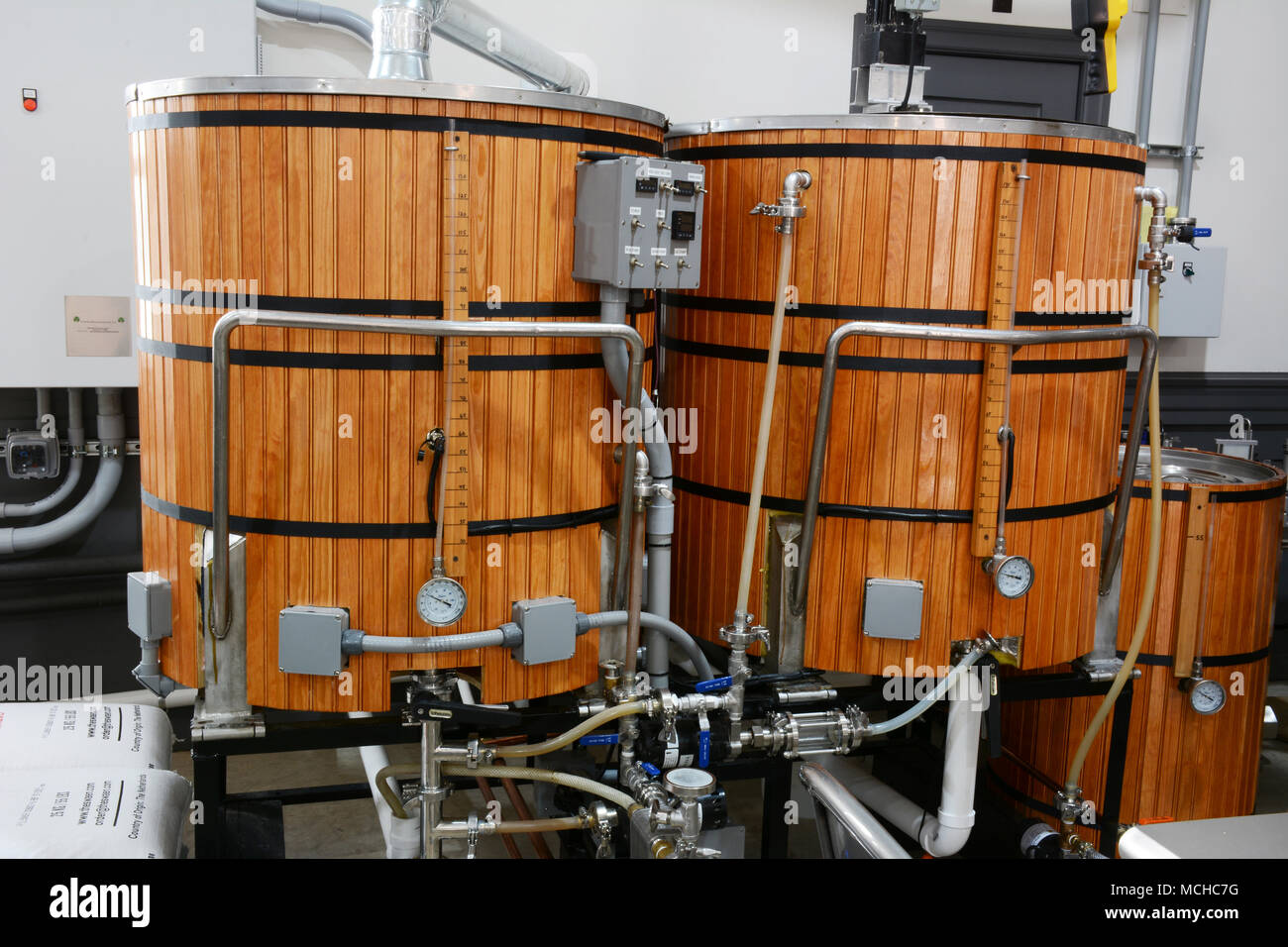 A small custom made 3 Barrel Craft Beer Brewing System of the Breaker Brewing Company of Wilkes Barre Township PA. Stock Photo