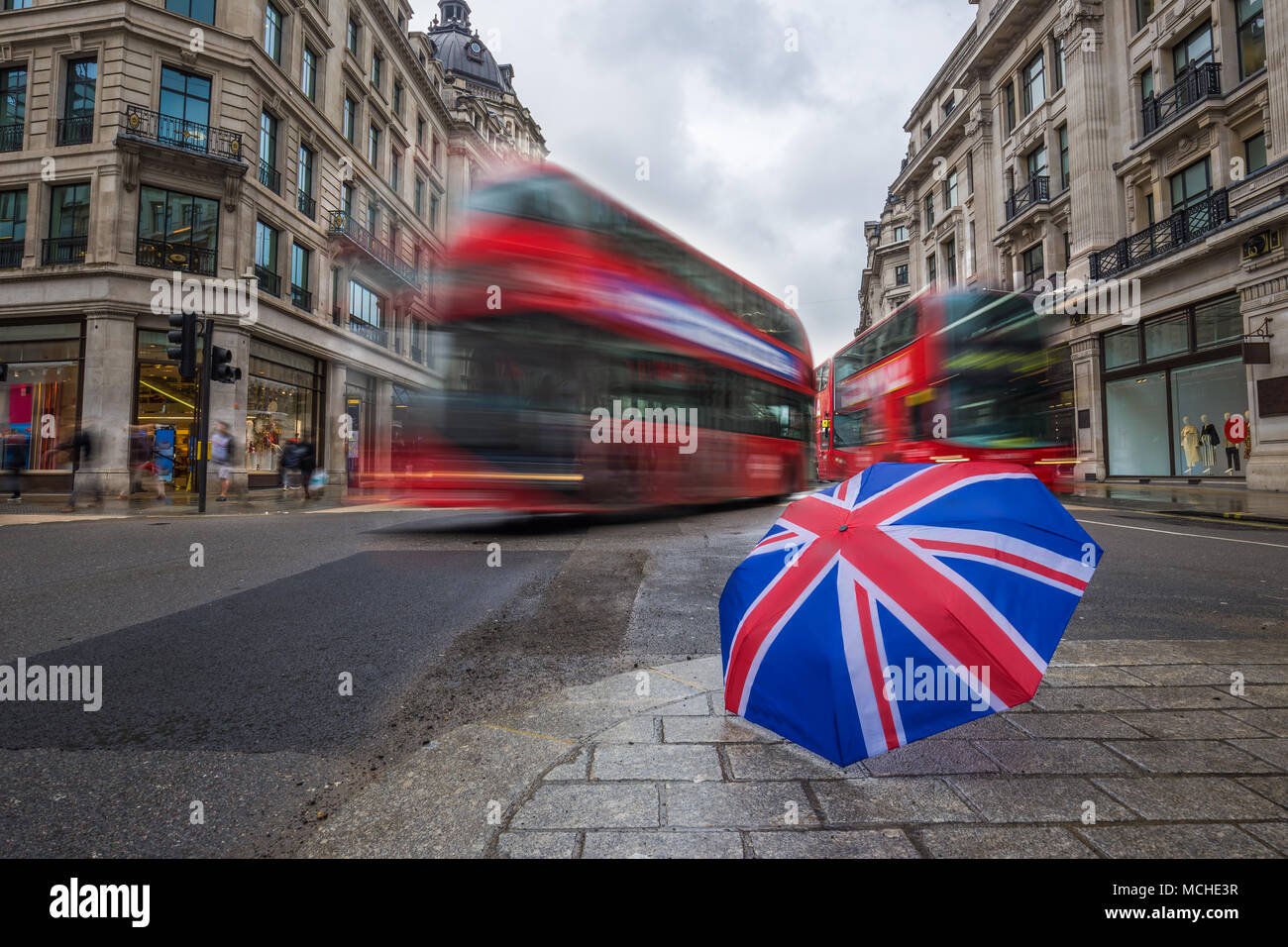 London, England British umbrella at busy Regent Street with iconic