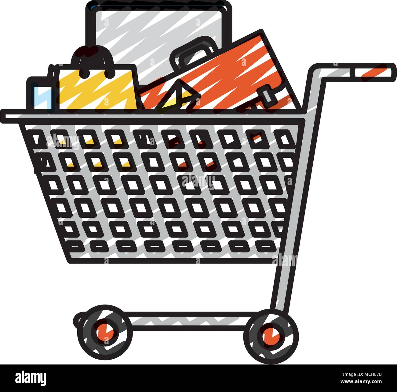 doodle sale market products inside shopping cart vector illustration ...