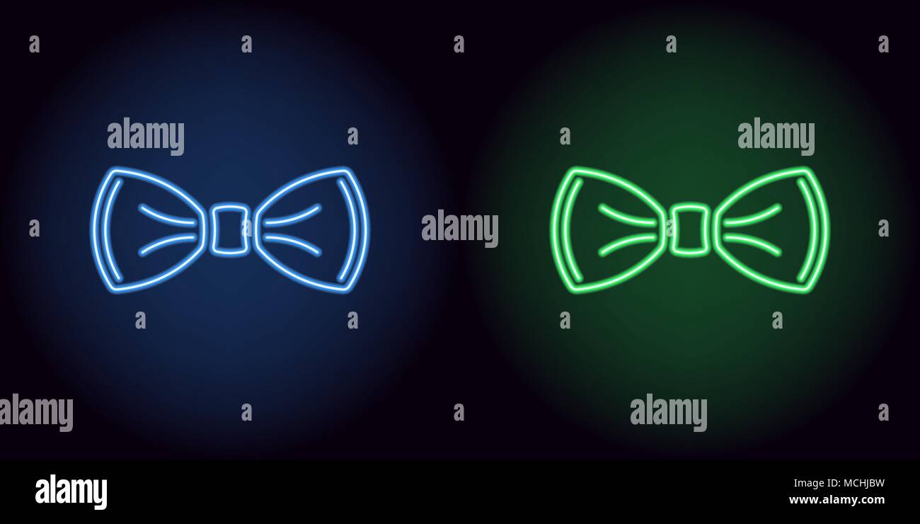 Neon bow tie in blue and green color. Vector illustration of neon bow knot consisting of outlines, with backlight on the dark background Stock Vector